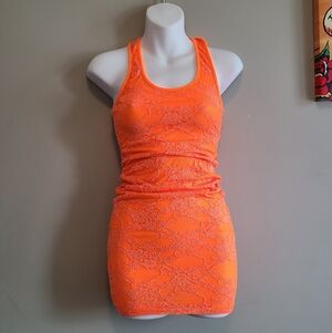 Vtg Y2K Misope Neon Orange Floral Lace Bodycon Mini Dress Small